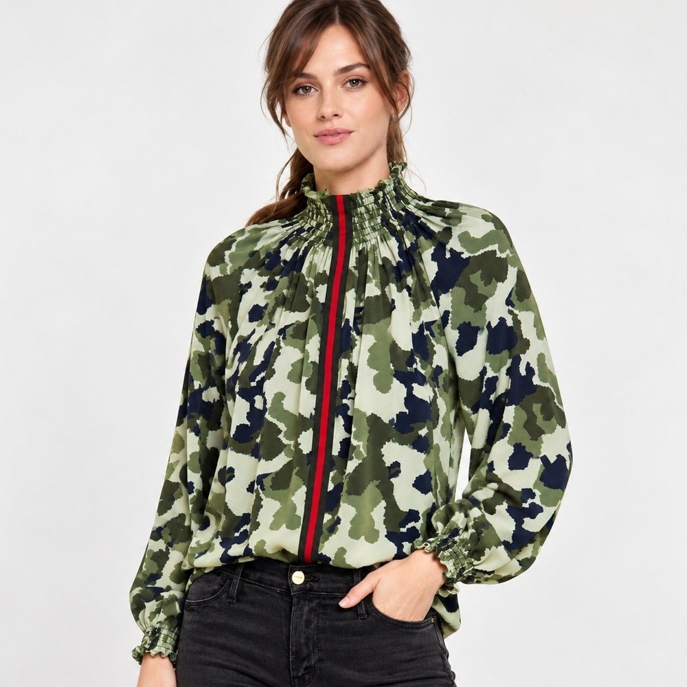 Rungolee Brooklyn Green Camo Ruffled Mock Neck Silk Blouse Long Sleeve Medium